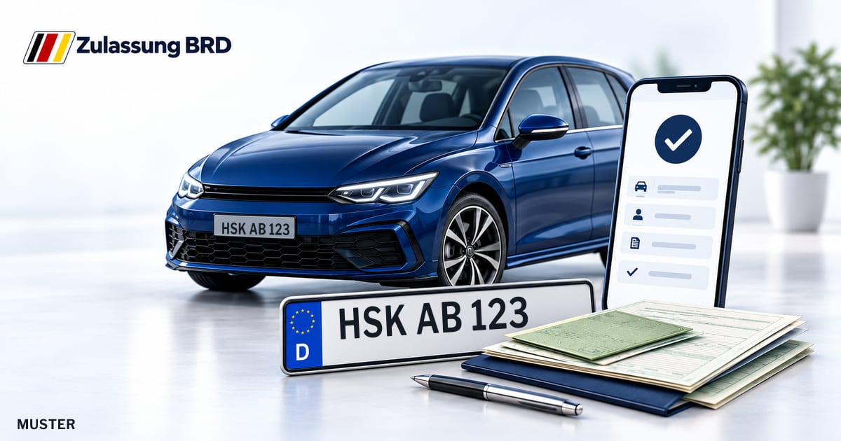 Online Fahrzeugzulassung in Brilon: Musterkennzeichen HSK AB 123, Auto und Fahrzeugpapiere und Smartphone. Illustration mit Logo von Zulassung BRD.